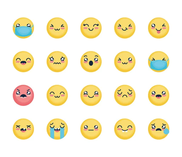 Smutne emoji i emotikony zestaw ikon, płaski styl — Wektor stockowy