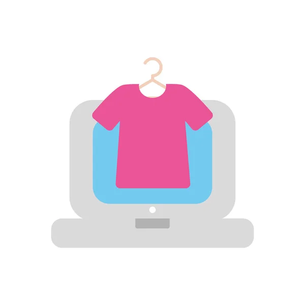 Ordenador portátil y percha con el icono de la camiseta, bloque de estilo plano — Vector de stock