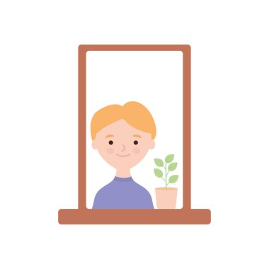 Ev konseptinde kalmak, sevimli bitki ikonu olan bir adamla pencere, düz stil.