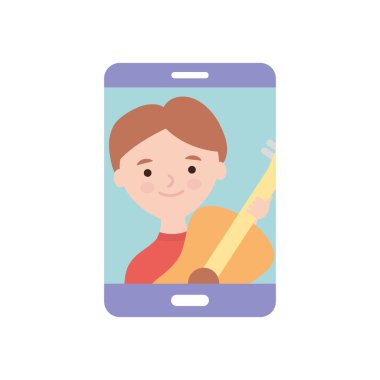 Evde konsept kal, akıllı telefon ekranda gitarlı mutlu adamla, düz stil.