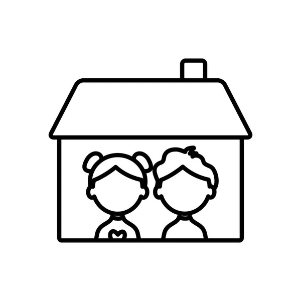 Bleiben Sie zu Hause Konzept, Glückliche Kinder im Haus Symbol, Linie Stil — Stockvektor