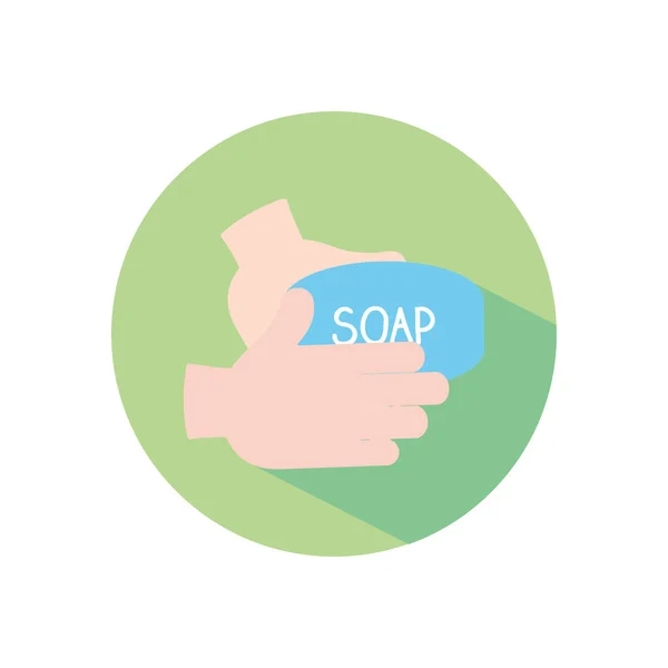 Στοπ της έννοιας εξάπλωση, πλύσιμο στο χέρι με εικονίδιο μπαρ σαπούνι, μπλοκ επίπεδη στυλ — Διανυσματικό Αρχείο
