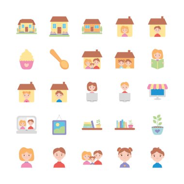 kitaplar ve ev ikonu seti, düz stil