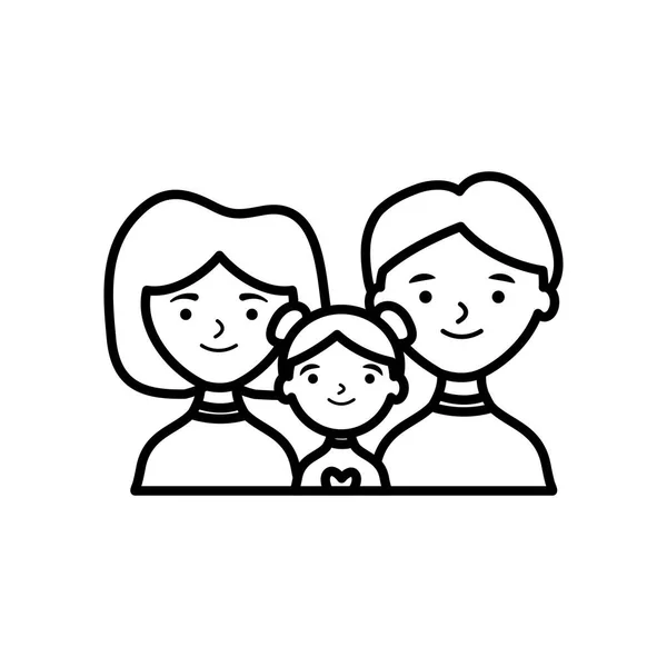 Dessin animé famille heureuse avec petite fille, style ligne — Image vectorielle