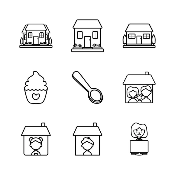 Personnes à la maison et rester à la maison icône ensemble, style ligne — Image vectorielle