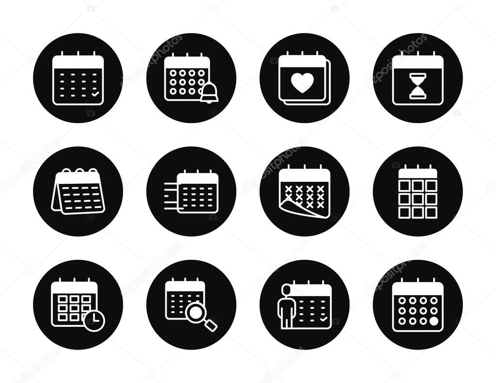 magnifying glass and calendar icon set, block style