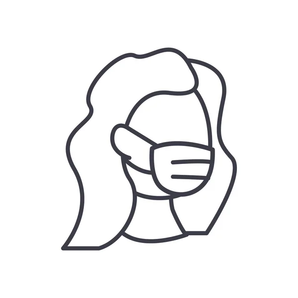 Frau mit medizinischer Maske Linie Stil Ikone Vektor-Design — Stockvektor