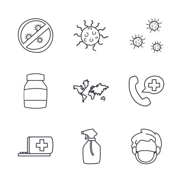 Medische zorg en covid 19 virus lijn stijl pictogram set vector ontwerp — Stockvector