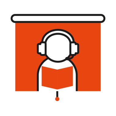 Çevrimiçi öğrenme konsepti, kulaklık öğrenen avatar kişi, yarı çizgi yarı renk