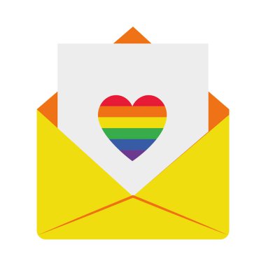 Gurur konsepti, içinde renkli kalp simgesi olan zarf, düz stil