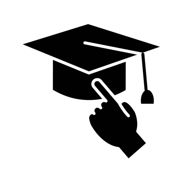 Online μάθηση έννοια, καπέλο αποφοίτησης και το χέρι δρομέα εικονίδιο, στυλ σιλουέτα — Διανυσματικό Αρχείο