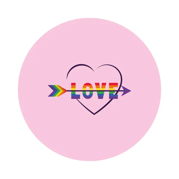 Coeur flèche avec amour lettrage design avec des couleurs de fierté, style bloc — Image vectorielle