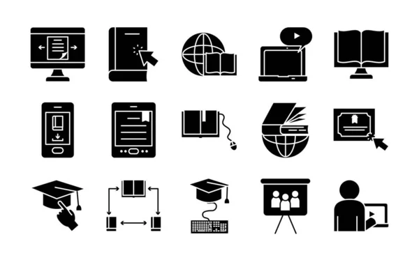 Esfera global y conjunto de iconos de aprendizaje en línea, estilo de silueta — Vector de stock