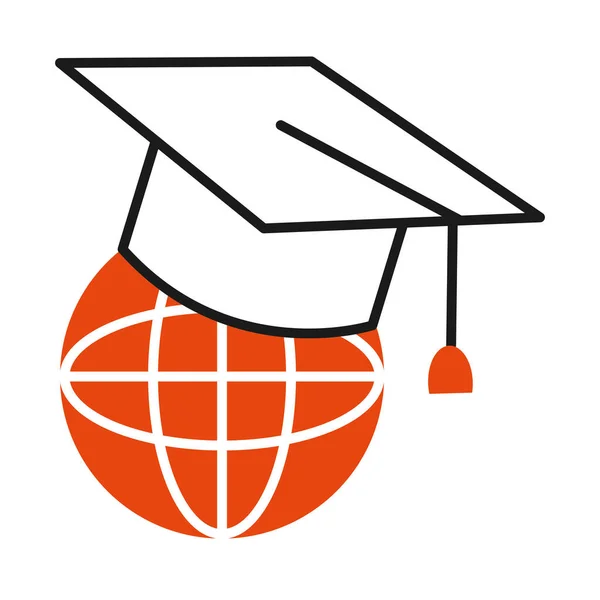 Online leren concept, wereldwijde sfeer met graduatie cap icoon, halve lijn halve kleur stijl — Stockvector