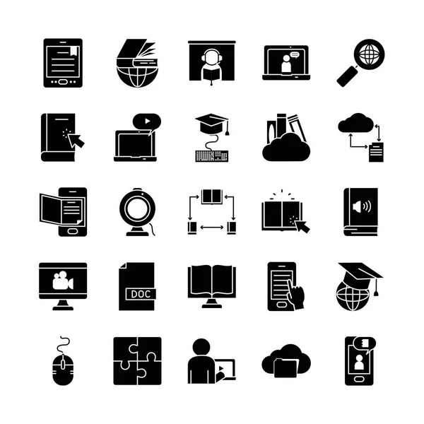 Loupe et jeu d'icônes d'apprentissage en ligne, style silhouette — Image vectorielle