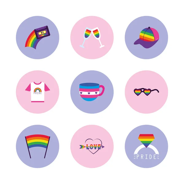 Koffiemok en LGBT trots pictogram set, blok stijl — Stockvector