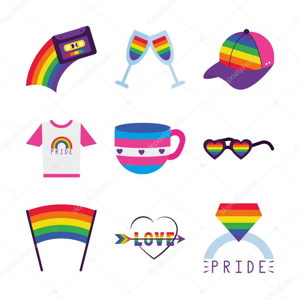 coffee mug and LGBT pride icon set, flat style