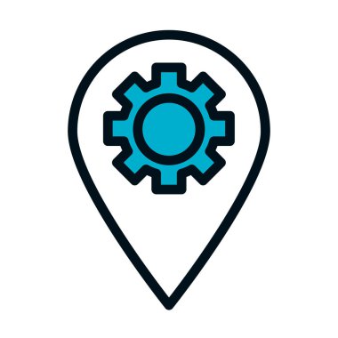 Seo ve pazarlama online konsept, konum pin dişli tekerlek simgesi, yarı renk yarı çizgi tarzı