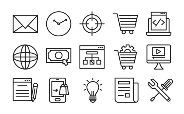 Reloj, Seo y marketing en línea icono conjunto, estilo de línea — Vector de stock