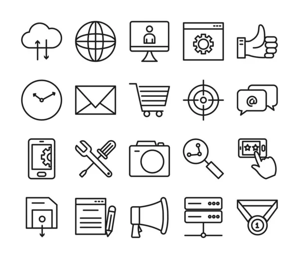 Esfera global, Seo y marketing conjunto de iconos en línea, estilo de línea — Archivo Imágenes Vectoriales