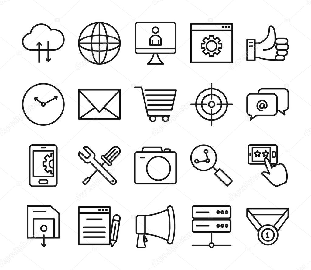 global sphere, Seo and marketing online icon set, line style