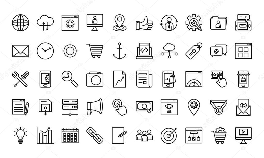 Seo and marketing online icon set, line style