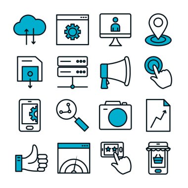 megafon, Seo ve pazarlama çevrimiçi simge seti, yarı renk yarı çizgi biçimi