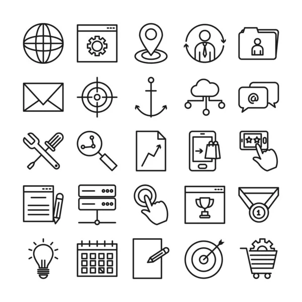 Broche d'emplacement, Seo et ensemble d'icône en ligne de marketing, style de ligne — Image vectorielle