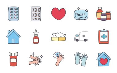 Tıbbi bakım ve covid 19 virüs düz biçim ikon vektör tasarımı