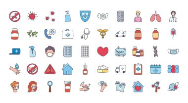 Tıbbi bakım ve covid 19 virüs düz biçim ikon vektör tasarımı