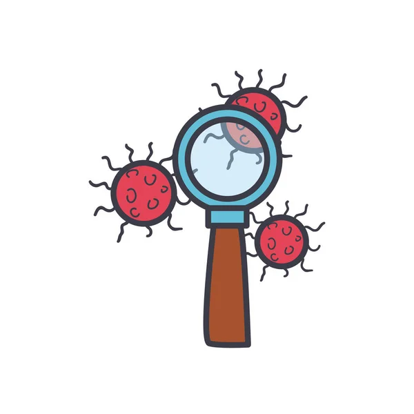 Covid 19 virus y lupe de estilo plano icono de diseño de vectores — Vector de stock