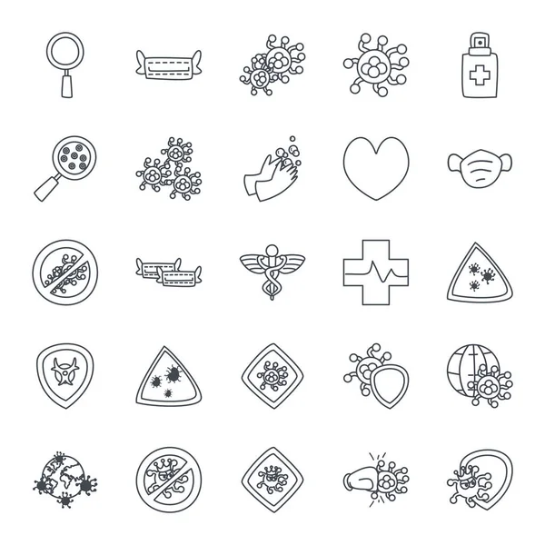 Cuidado médico y covid 19 línea de virus estilo icono conjunto de diseño de vectores — Archivo Imágenes Vectoriales