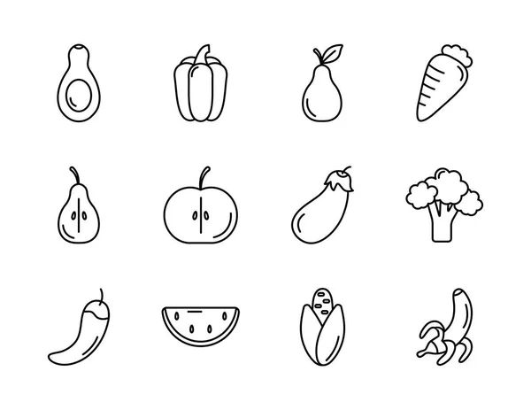 Légumes et aliments sains icône ensemble, style ligne — Image vectorielle