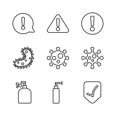 Antibakteriyel sprey kutusu ve koronavirüs koruyucu önlem seti, çizgi biçimi