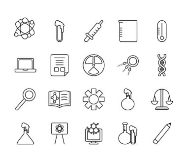 dizüstü bilgisayar ve biyokimya simgesi seti, satır biçimi