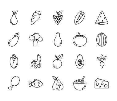 balık ve sağlıklı yiyecek ikonu seti, çizgi biçimi