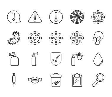 Büyüteç ve Coronavirus simgesi seti, çizgi biçimi
