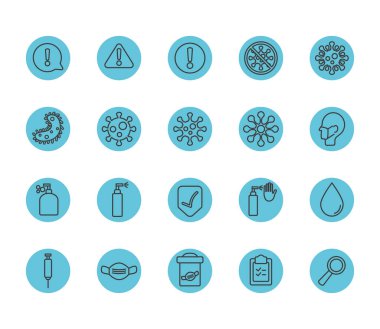 Büyüteç ve Coronavirus simgesi seti, blok çizgisi biçimi