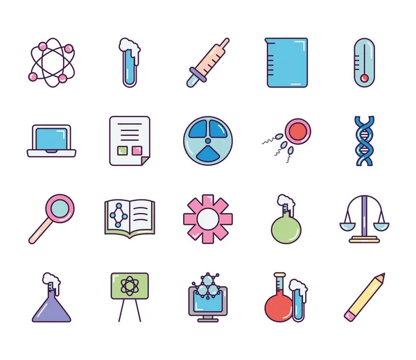 Ordenador portátil y conjunto de iconos de bioquímica, estilo de color de línea — Vector de stock