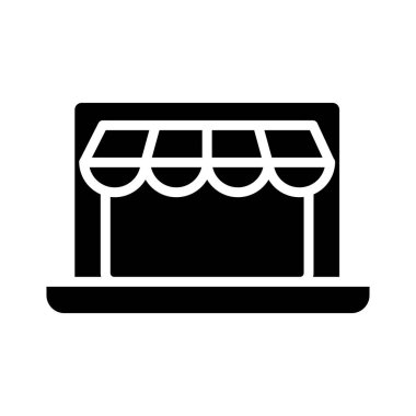 Alışveriş online konsepti, depolama çadırı simgesi olan dizüstü bilgisayar, siluet biçimi