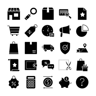 Büyüteç ve alışveriş simgesi seti, siluet biçimi