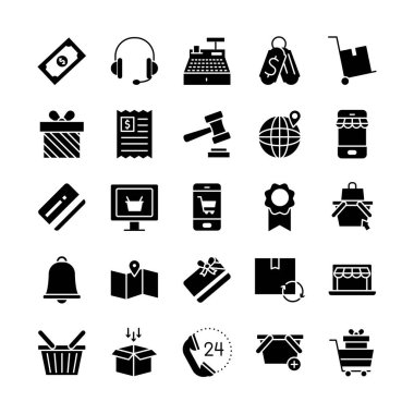 kulaklıklar ve alışveriş çevrimiçi simge seti, siluet biçimi