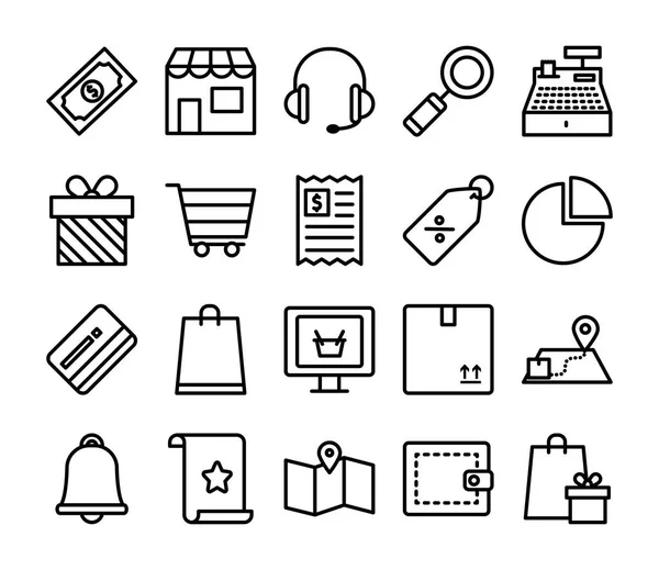 Tienda y compras en línea icono conjunto, estilo de línea — Vector de stock