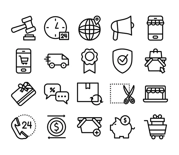 Piggy bank en winkelen online icon set, lijn stijl — Stockvector