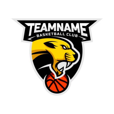 Basketbol takımının logosunun baş logosu. Vektör çizimi. Kalkan rozeti kombinasyonuyla.