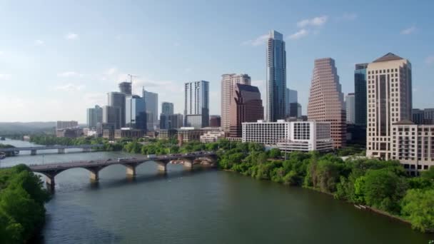 Austin Πόλη Ορίζοντα Colorado Ποταμού Drone — Αρχείο Βίντεο
