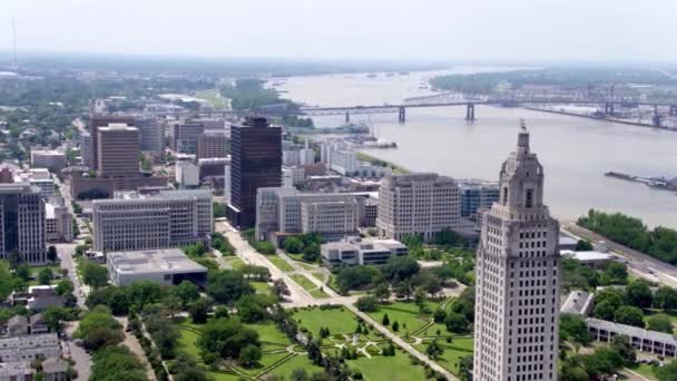 Baton Rouge Downtown Capitol Building Skyline Drone — Stock Video