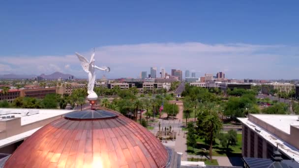 Copper Capitol Roof Statue Front Phoenix Skyline — Stock Video