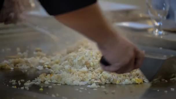 Chef Hibachi Preparar Arroz Frito Restaurante — Vídeo de Stock
