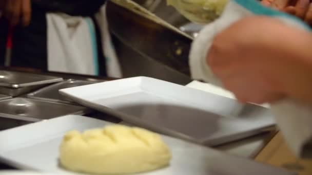 Mashed Potatoes Placed Plate Tracking Shot — Stock Video